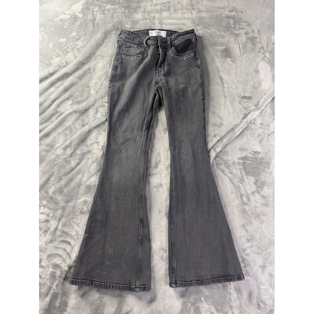 Hollister Jeans High-Rise Flare Womens 24x28 Gray Rhinestone Denim Y2K 2000's